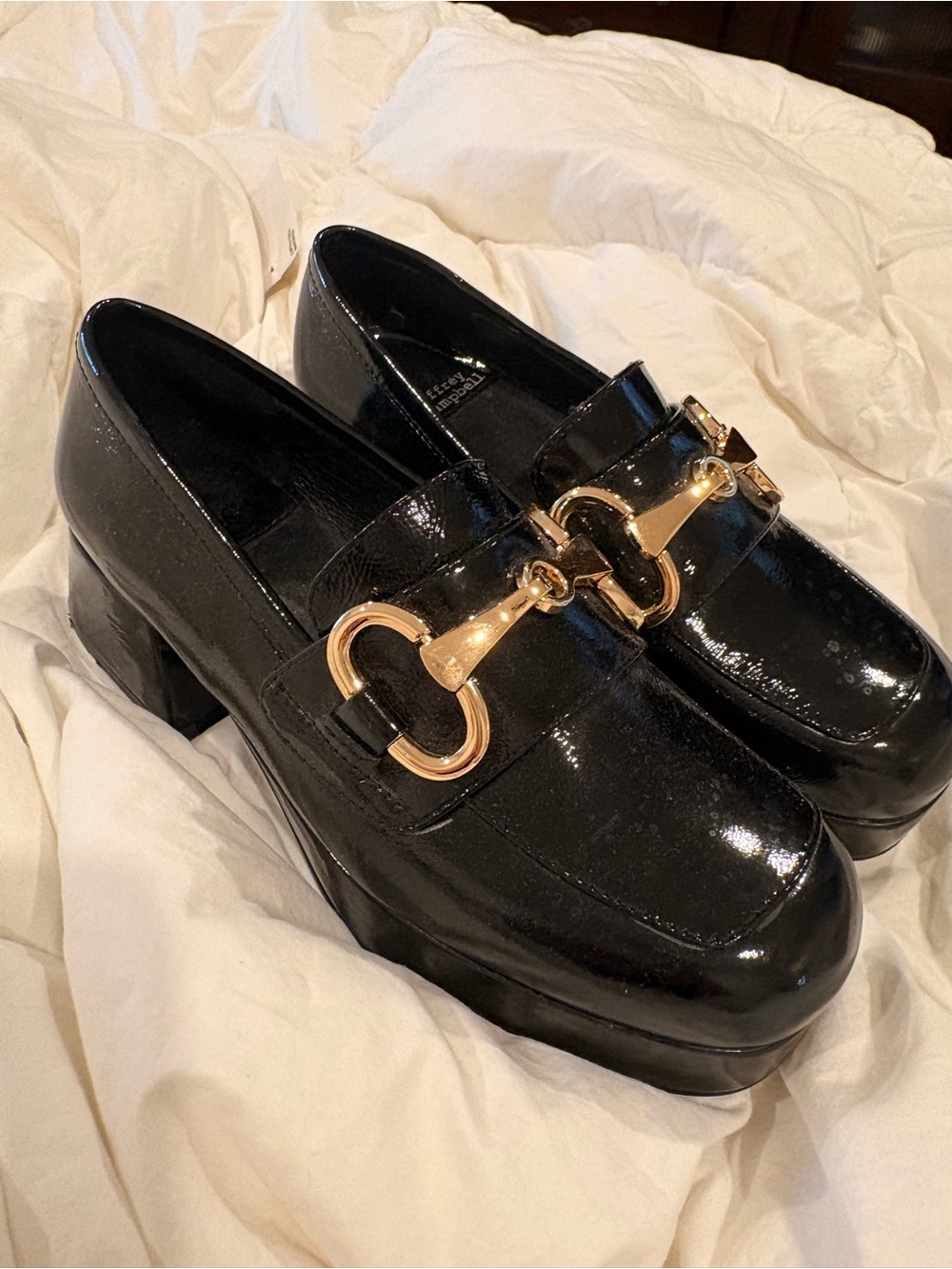 Jeffrey Campbell Black Patent Loafers with Gold Horsebit